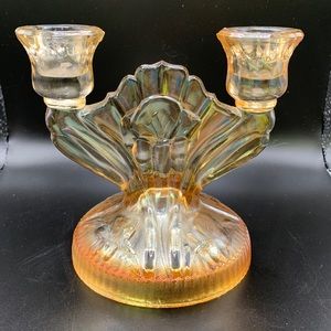 Glass Double candle candelabra, 2 arm marigold, Iris Herringbone